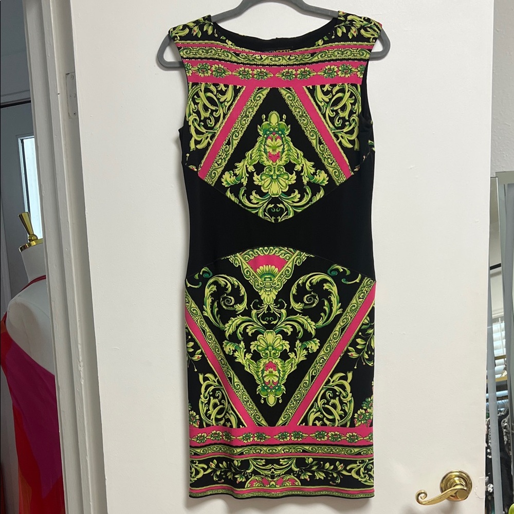 Eva Varro Black Fitted Stretch Jersey Dress with Green and Pink Scroll Print S/M